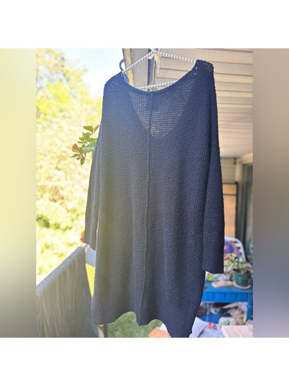 NWT FREE PEOPLE Oversized Black Waffle-Knit Slouchy Sweater • V-Neck • Fit S–3XL - Picture 5 of 13